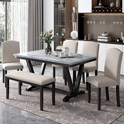 Merax Modern Style 6-Person Dining Table Set with 4 Chairs & a Bench, Marbled Veneers Tabletop and V-Shaped Table Legs, White Merax