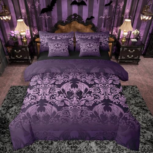 Feelyou Adults Gothic Damask Print Bedding Set Purple Goth Bat Victorian Floral Comforter Set 7 Pieces Comforters Full Size Boho Bohemian Exotic Bed in a Bag Feelyou