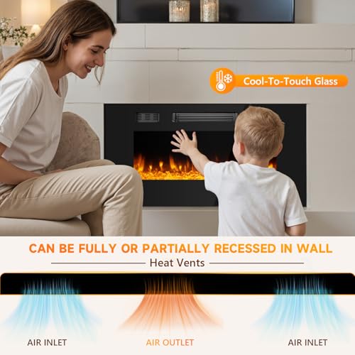 Ariiles 36 Inch Electric Fireplace Insert, Electric Fireplace Wall Mounted with Remote & Timer, Low Noise Heater Fireplaces for Living Room, Modern Recessed Fireplaces Decor Ariiles
