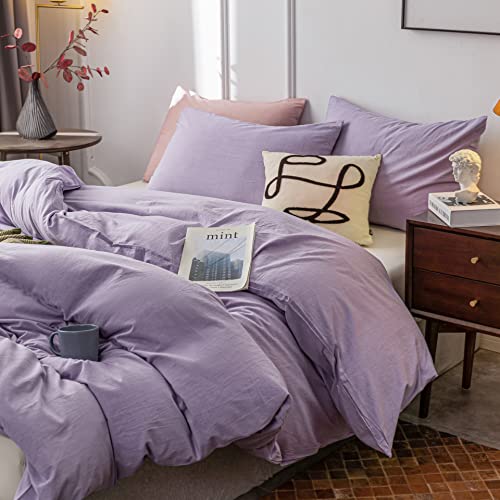 Janlive Washed Cotton Duvet Cover Full Ultra Soft 100% Cotton Solid Color Lavender Purple Duvet Cover Set with Zipper Closure -3 Pieces Purple Full Janlive