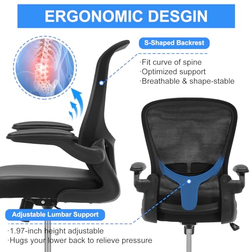OLYFING Ergonomic Drafting Chair, Standing Desk Chair with Lumbar Support Tall Office Chair with Flip-Up Arms Footrest Ring, Breathable Mesh High Desk Chair with PU Leather Seat Cushion, Black OLYFING