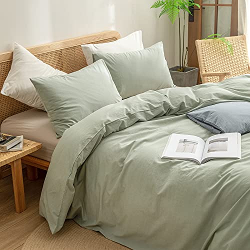 BESTOUCH Duvet Cover Set 100% Washed Cotton Linen Feel Super Soft Comfortable Chic Lightweight 2 PCs Home Bedding Set Solid Sage Green Twin/Twin XL BESTOUCH