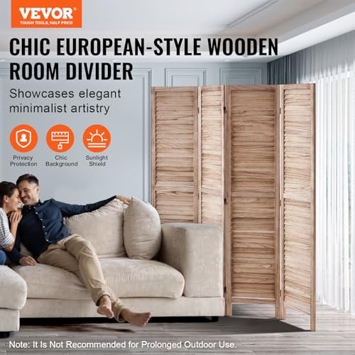 VEVOR Wood Room Divider, 4 Panel Wood Folding Privacy Screen, 66.9 Inches Tall Indoor Louvered Wooden Partition, Portable Decoration Screen, for Room Separation, Home, Office, Restaurant & Bedroom VEVOR