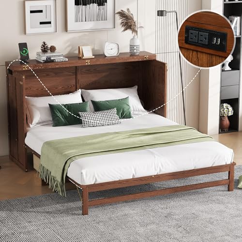 Bellemave Queen Murphy Bed with Storage Drawer and Charging Station, Cabinet Bed, Farmhouse Murphy Cabinet with Foldable Panel, Noisy Free, for Guest Bedroom, Living Room, Walnut+Walnut Panel