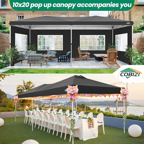 COBIZI Canopy 10x20 Pop Up Canopy Tent with 6 Sidewalls, One Push Party Tents for Parties Outdoor Wedding Waterproof Gazebo Commercial Event Tent with Sandbags, Black COBIZI