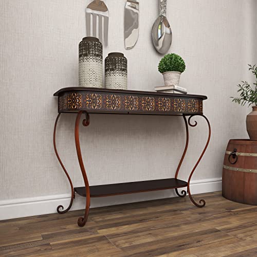 Deco 79 Metal Floral Embossed 1 Shelf Console Table with Ornate Scroll Legs, 43" x 14" x 32", Brown Deco 79