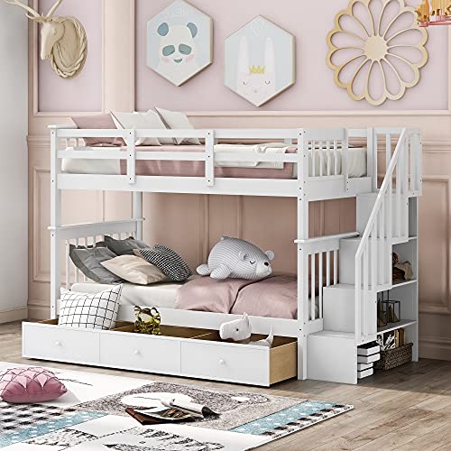 Merax Twin-Over-Twin Bunk Bed with Three Drawers, Soild Wood Stairway Bunk Bed with Storage and Guard Rail for Bedroom, Dorm, White Merax