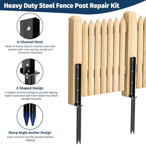 Fixmend Fence Post Repair Kit, Heavy Duty Fence Post Anchor, 2 Pack Fence Post Stakes Ground Spike for Repairing Tilted or Broken Wooden Posts Fixmend