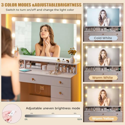 DDONGMM White Vanity with Lighted Mirror, Makeup Vanity Desk with Power Outlet, 9 Drawers & Shelf Storage, 43.3” Large Vanity Desk, Women Girls Vanity Dressing Table for Bedroom Bathroom DDONGMM