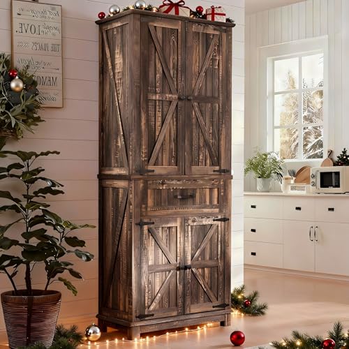 YITAHOME 72.6" H Farmhouse Kitchen Pantry Cabinet, Freestanding Tall Storage Cabinet with 4 Doors, Drawer and Adjustable Shelves, Tall Cupboard for Dining Room, Living Room, Dark Rustic Oak YITAHOME
