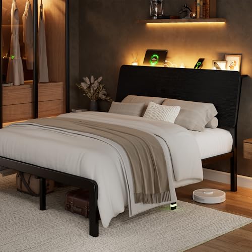 Feonase Full Size Bed Frame with Ergonomic Storage Headboard & Charging Station, LED Platform Bed Frame, Heavy Duty Metal Slats, No Box Spring Needed, Easy Assembly, Black Feonase