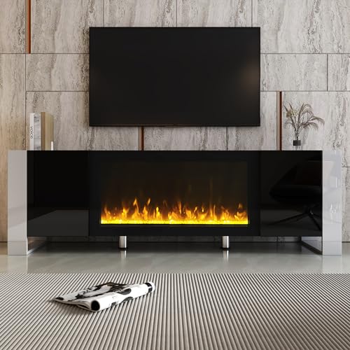 Modern TV Stand with 34.2" Non-Heating Electric Fireplace, High Gloss Entertainment Center with 2 Cabinets, Media Console for TVs up to 78" QSOSTNS