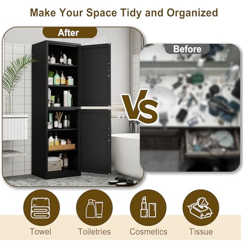 pozdeg 67" Metal Storage Cabinet with Lock, Tall Narrow Office File Cabinets with 2 Doors & 4 Adjustable Shelves, Metal Steel Locker for Home, School, Office, Garage or Gym (Black) pozdeg