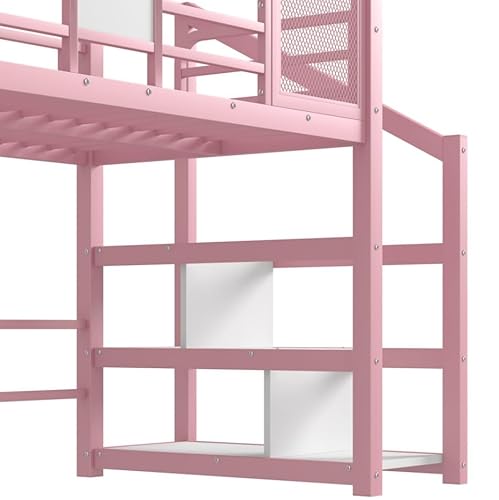 Bellemave Metal Loft/Bunk beds Twin Over Twin, Bunk beds with Slide and Stairs for Kids, Floor House Loft Bed for Kids,Pink Bellemave