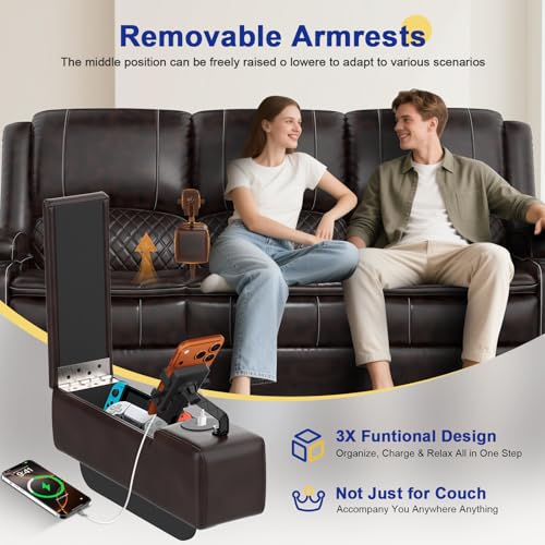 MOSGAT 2026 Upgraded Recliner Sofa 3 Seater Couch with Recliner, Home Theater Seating with Liftable Console & Removable Armrest, Manual PU Leather Sofa Reclining with Storage & USB Ports (PU,Brown)