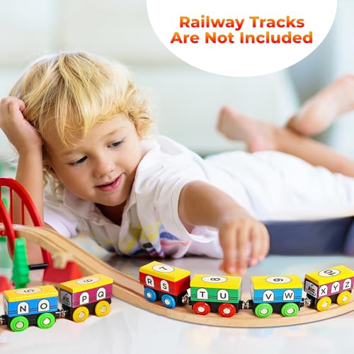 On Track USA Wooden Train Set ABC Magnetic Trains for Toddlers 12 Pieces, Compatible with All Train Track Accessory Sets, Alphabet and Numbers Toy Trains for Boys and Girls On Track USA