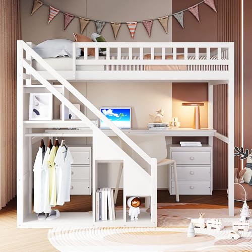 Merax Full Size Wood Loft Bed with Stairs, Built-in Desk, 2 Storage Drawers & Lights, Space Saving Bed for Teens, Adults, Study Loft Bed with Underbed Storage, White Merax