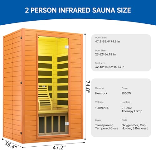 RESTISLAND Infrared Sauna Room for Home, Near Zero EMF Wooden 2 Person Indoor Infrared Sauna at Home with Bluetooth, LCD Control Panel, Chromo Therapy Light RESTISLAND