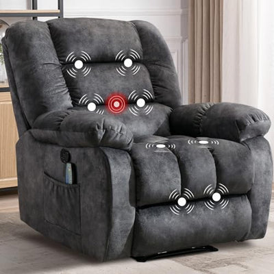 IOMOR Massage Recliner Chair with Heat and Massage, Ergonomic Overstuffed Breathable Fabric Reclining Chairs, Single Sofa Chair with Side Pockets for Living Room Home Theater (D-Gray)
