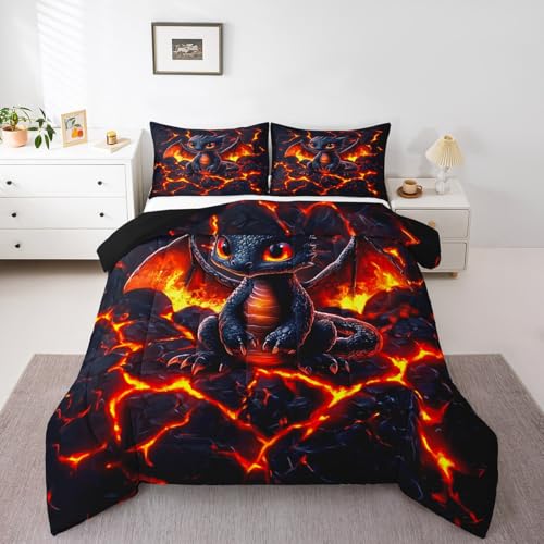 Manfei Dragon Comforter Set Twin Size,Volcano Eruption 3D Red Lava Flame Print Bedding Set 2 Pcs for Boys Girls,Cute Black Dragon Mystic Animal Natural Disaster Down Comforter,1 Pillowcase Manfei