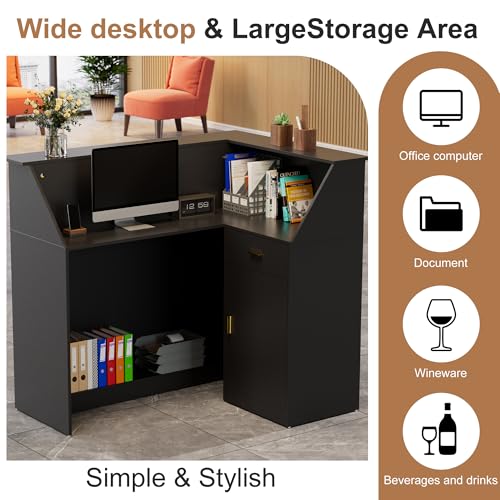PAKASEPT Reception Desk with LED Lights, L-Shaped Modern Front Desk with Glass Display Shelf, Reception Counter Table for Lobbies, Salons, Retail, Home Offices (Black) PAKASEPT