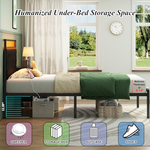 Etditrnp Twin Bed Frame with Charging Station, LED Light and PU Leather Upholstered Headboard, Platform Bed Frame with Under-Bed Storage, Easy Assembly, Noise Free, No Box Spring Needed, Black Etditrnp