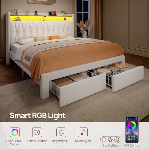 Rolanstar Full Bed Frame with Drawers, Storage Headboard with Charging Station and LED Lights, Upholstered Bed with Heavy Duty Wood Slats, No Box Spring Needed, Noise Free, Easy Assembly, Beige Rolanstar