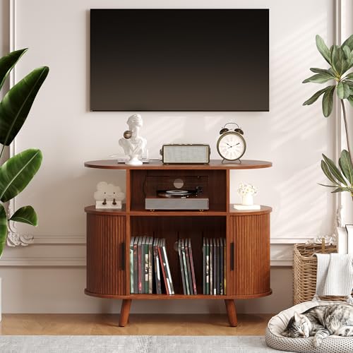 Garvee 35'' Fluted Mid Century Modern Turntable Cabinet, Large Round Record Player Stand with Charging Station and Display Shelf, Arched Wood Record Player Table for Living Room Garvee