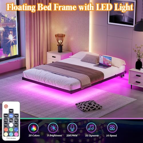 BOFENG Floating Bed Frame Full Size with LED Lights and Charging Station,Heavy Duty Metal Platform Full Size Bed Frame No Box Spring Needed,Nonslip,Noise Free,Easy Assembly BOFENG