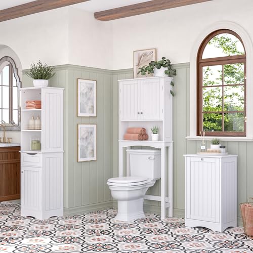 RiverRidge Ashland Tilt Out Laundry Hamper with Beadboard Design - Spacious Top Shelf, Removable Cloth Bag & Silver Knob - White Laundry Cabinet for Towels & Clothes Storage - Laundry Room Cabinets RiverRidge