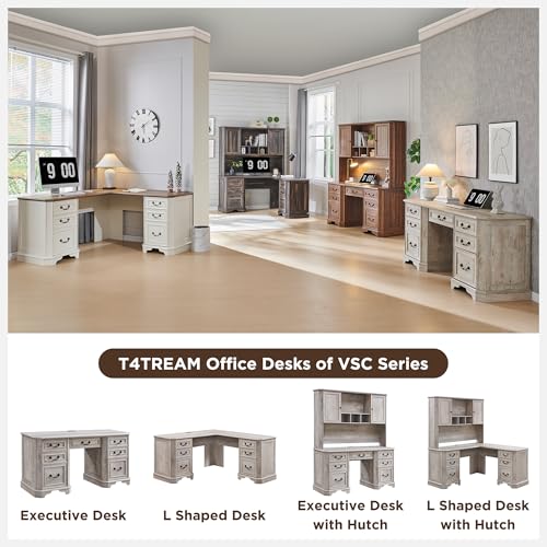T4TREAM 59" Farmhouse Executive Desk with Drawers,Wood Home Office Computer Desk, Featuring Keyboard Tray,Charging Station,File Drawer, Storage Cabinet,for Work and Study (Light Rustic Oak) T4TREAM