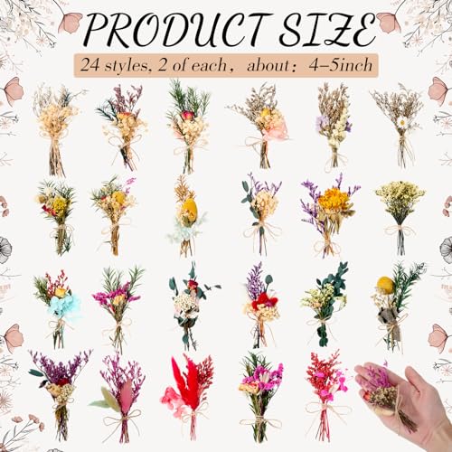 Tinideya 48 Pcs Dried Flowers Bouquet Boho Mini Dried Flower with Stem Small Dried Floral Plants Mixed Natural Flowers Bundles for Crafts Vase DIY Photo Props Wedding Decoration Tinideya