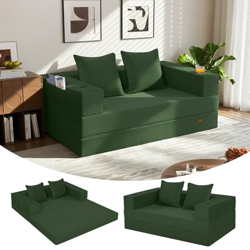 COMAX Futon Sofa Bed, 4‑in‑1 Convertible Sofa Bed, Folding Boneless Couches for Living Room, Fold Out Small Foldable Loveseat Floor Sleeper Comfy Mattress Lounge Space‑Saving, Green COMAX