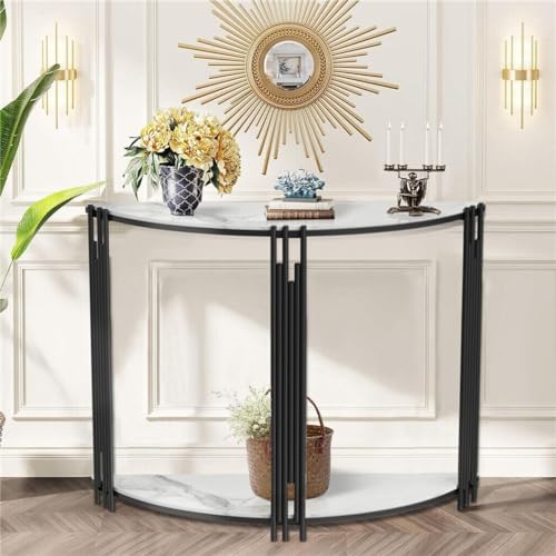 Modern Half Moon Console Table Hallway Side 2-Tier White Classic Semi-Circle Marble Metal Finish Storage WoodArtSupply