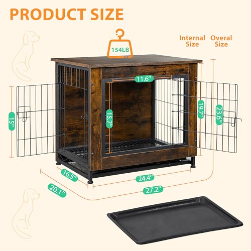 Shintenchi Dog Crate Furniture, Double-Doors Kennel Indoor with Removable Tray, End Table Dog House for Small Breed, 27.2" L, Brown Shintenchi
