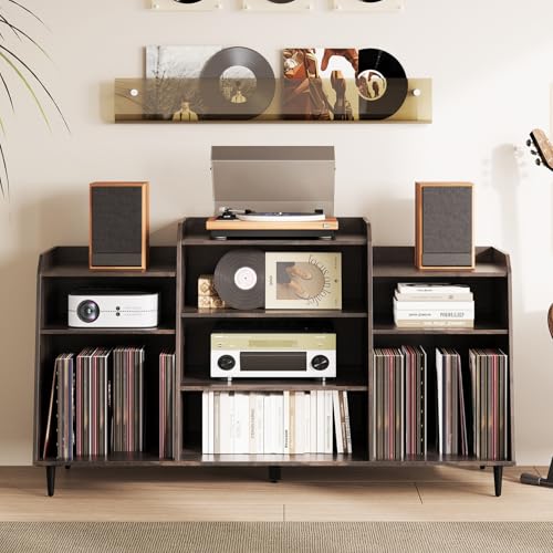 Rresyet 55" Record Player Stand with Charging Station, 4-Tier Vinyl Record Storage Cabinet with Divided Shelves, Adjustable Shelf,Large Capacity Storage for Music Room Living Room Rresyet
