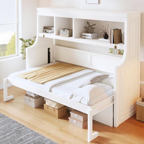 Twin Size Murphy Bed with Hidden Foldable Bed & Desk & Storage Shelves,Wood Folding Hideaway Wall Bed Cabinet with Space-Saving for Small Space Apartments Guest Room,No Box Spring Needed,White FUvellamo