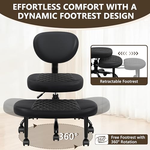 AtHope Ergonomic Cross Legged Office Chair with Wheels - Adjustable Height for Meditation, ADHD Desk & Yoga - Wide Criss Cross Design with Lumbar Support, Kneeling Chair - Black AtHope