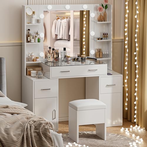 Makeup Vanity Desk with Lights, Glass Top Vanity with Charging Station, Vanity Mirror with 9 LED Lights Desk, Nightstand, Vanity Set with Storage Bench, 3 Lighting Modes Brightness Adjustable, White VALONDINO