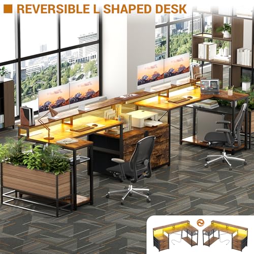 Aheaplus L Shaped Desk with File Drawer, Reversible L Shaped Computer Desk Gaming Desk with Power Outlet & LED Strip, Home Office Desk Corner Desk with Monitor Shelf, Storage Shelves, Rustic Brown Aheaplus