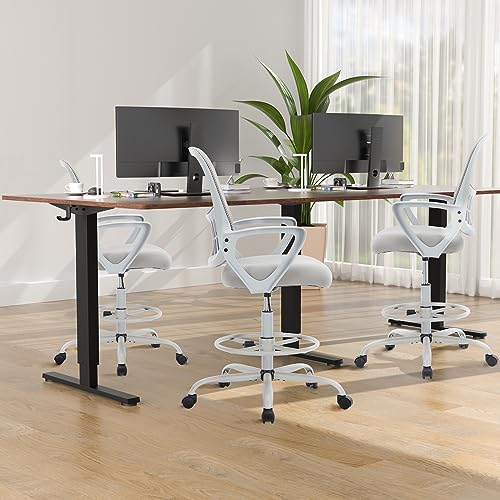 DUMOS Drafting Chair - Ergonomic Tall Office for Standing Desk, Counter with Height Adjustable and Comfortable Lumbar Support, Fixed Armrests, Grey DUMOS