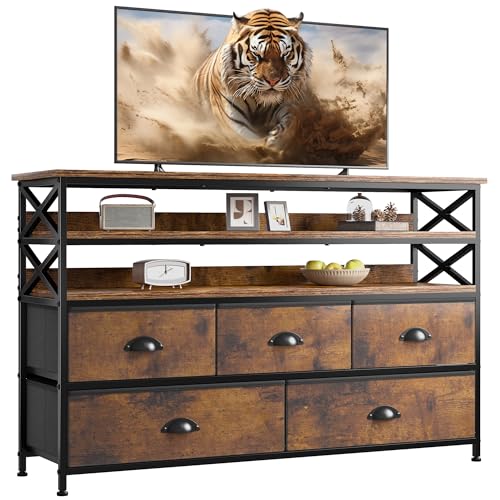 EnHomee Dresser TV Stand Entertainment Center with Fabric Drawers Media Console Table with Wood Open Shelves for 55" TV Storage Drawer Dresser for Bedroom, Living Room, Entryway, Rustic Brown EnHomee