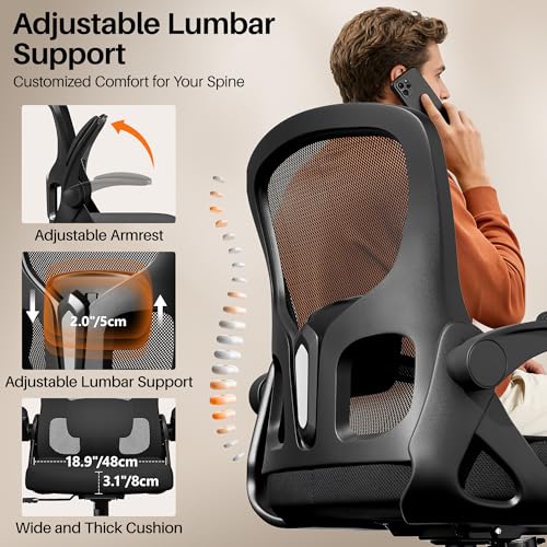 FINATI Office Chair Ergonomic Desk Chair, Adjustable Lumbar Support Rolling Swivel Comfy Chair with Space-Saving Flip Up Armrests, Breathable Mesh Gaming Chair for Business Work Office & Home, Black FINATI