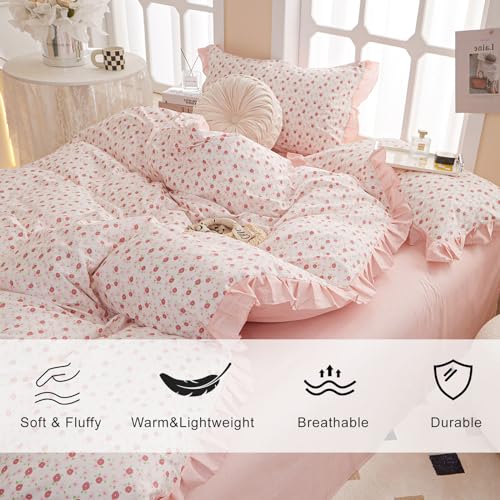 EAVD French Style Garden Pink Floral Comforter Set Full Girls Fluffy Soft Microfiber Chic Shabby Floral Bedding Set with 2 Pillowcases Fresh Ruffled Botanical Comforter Set for All-Season EAVD
