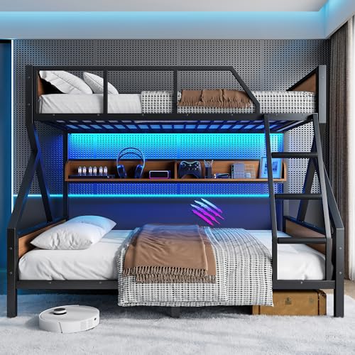 Bellemave Full XL Over Queen Size Bunk Bed with Storage Shelves and LED Lights,Heavy Duty Adult Bunk Beds with Angled Ladder,Metal Queen Bunk Bed,Black Bellemave