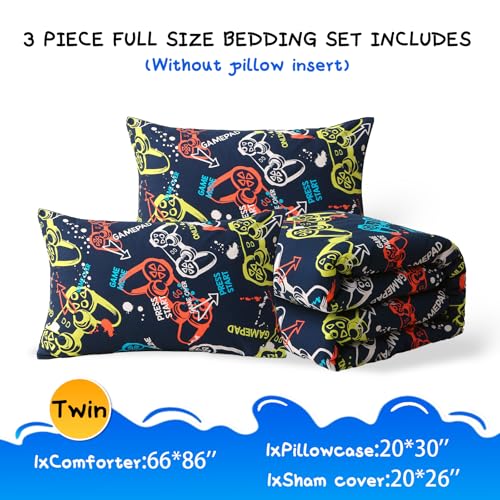 Aqzuxira Glow in The Dark Kids Comforter Set, 3 Pieces Gamepad Pattern Bedding Set Twin Size for Boys Girls Teen, 1 Comforter, 1 Pillowcase, 2 Pillow Shams Aqzuxira