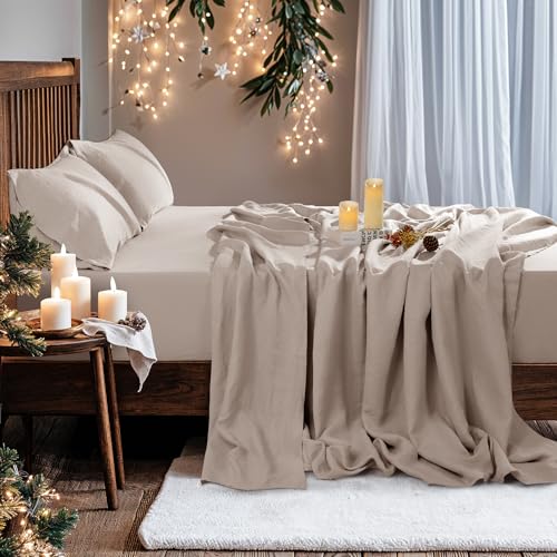 100% Pure Linen Sheet Set Breathable Natural Linen Sheets 4pcs Queen Size, Bedding Set Deep Pocket Up to 16" Moisture-Wicking Softens with Every Wash, Relaxed Texture (Linen Queen) REDASW