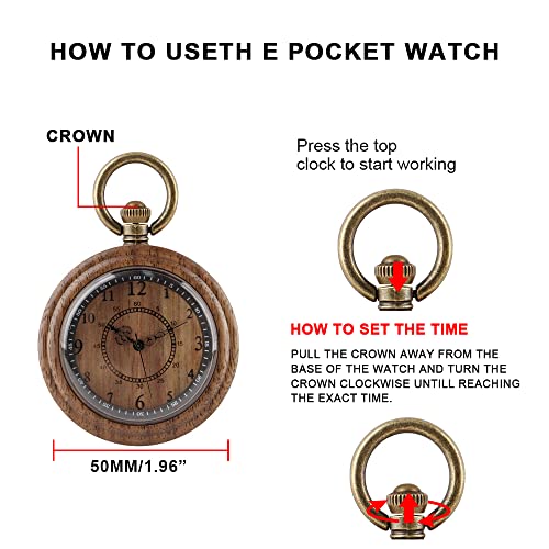 Tiong Wooden Pocket Watches for Men Handmade Bamboo with Chain Analog Quartz Wood Pocket Watch Father's Day Gifts for Dad(Dark Brown) Tiong