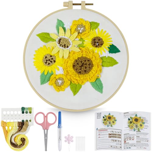 HTVRONT Embroidery Kit for Beginners, 3D Sunflower Embroidery Kits with Step-by-Step Video Tutorials, Simple 5 Stitches Beginner Embroidery Kit for Adults Crafts