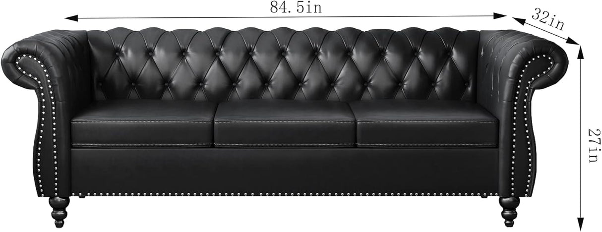 RUSTYER Chesterfield 3 Seater Sofa, Modern Leather Tufted Couch 3 Seater with Rolled Arms and Nailhead Mid-Century Upholstered Couch for Living Room, Bedroom, Apartment and Office, Black RUSTYER